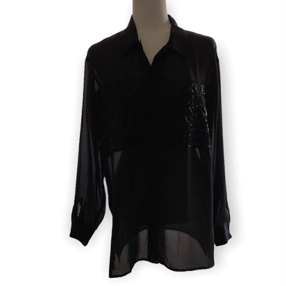 Vintage Nancy Crystal Black Long Sleeve Sheer Beaded Blouse SZ M - Picture 1 of 14